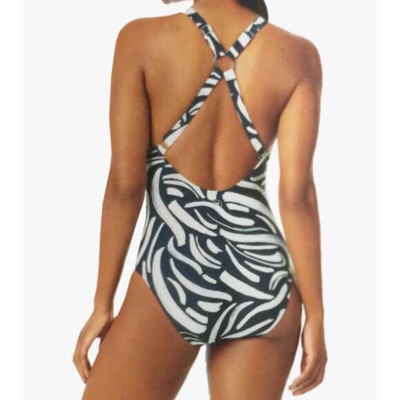 NWT Hurley Cross Open Back Pull On Padded Blue White Full Coverage Swimsuit XXL - Picture 2 of 7